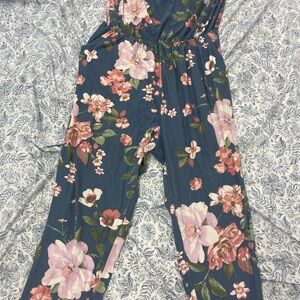 Navy Floral Wide-Leg Jumpsuit with Pink Blooms